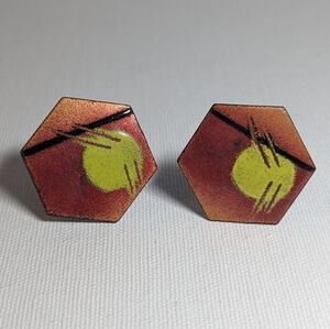 Vintage Handmade Hexagon Cufflinks Copper Abstract Enamel Yellow Black Orange